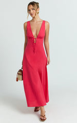 Plunge Neckline Tie Front A Line Dress in Red