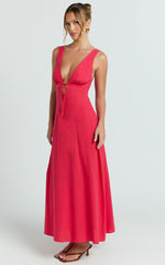 Plunge Neckline Tie Front A Line Dress in Red