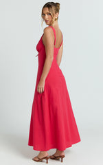 Plunge Neckline Tie Front A Line Dress in Red