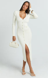 Pearl Button Down Long Sleeve Knit Dress in Ivory