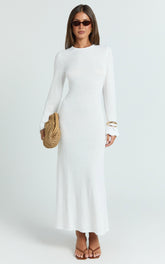 Long Sleeve Scallop Edge Knitted Midi Dress in White