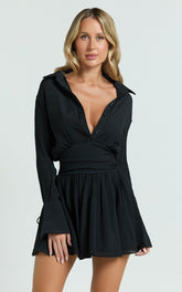 Collared Long Sleeve Waist Shirt Dress in Black - Urban Luxe Apparel