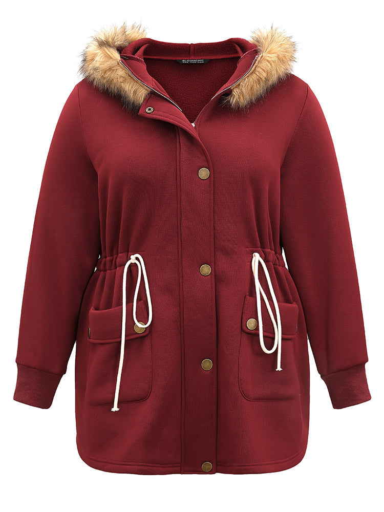 Plian Drawstring Zipper Fuzzy Trim Hooded Coat