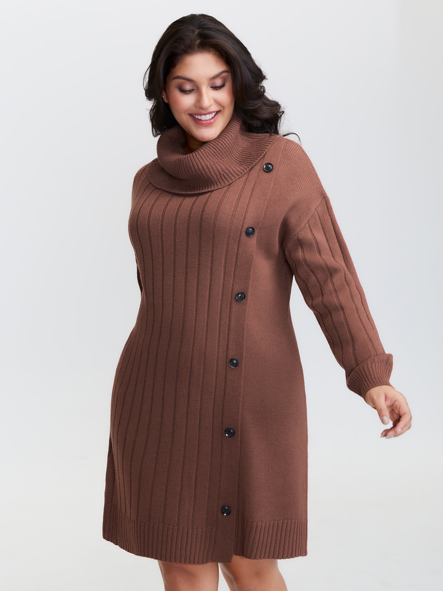 Textured Turtleneck Button Wrap Sweater Dress