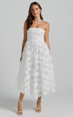 Strapless 3D Embroidery Midi Dress in White