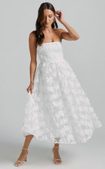 Strapless 3D Embroidery Midi Dress in White