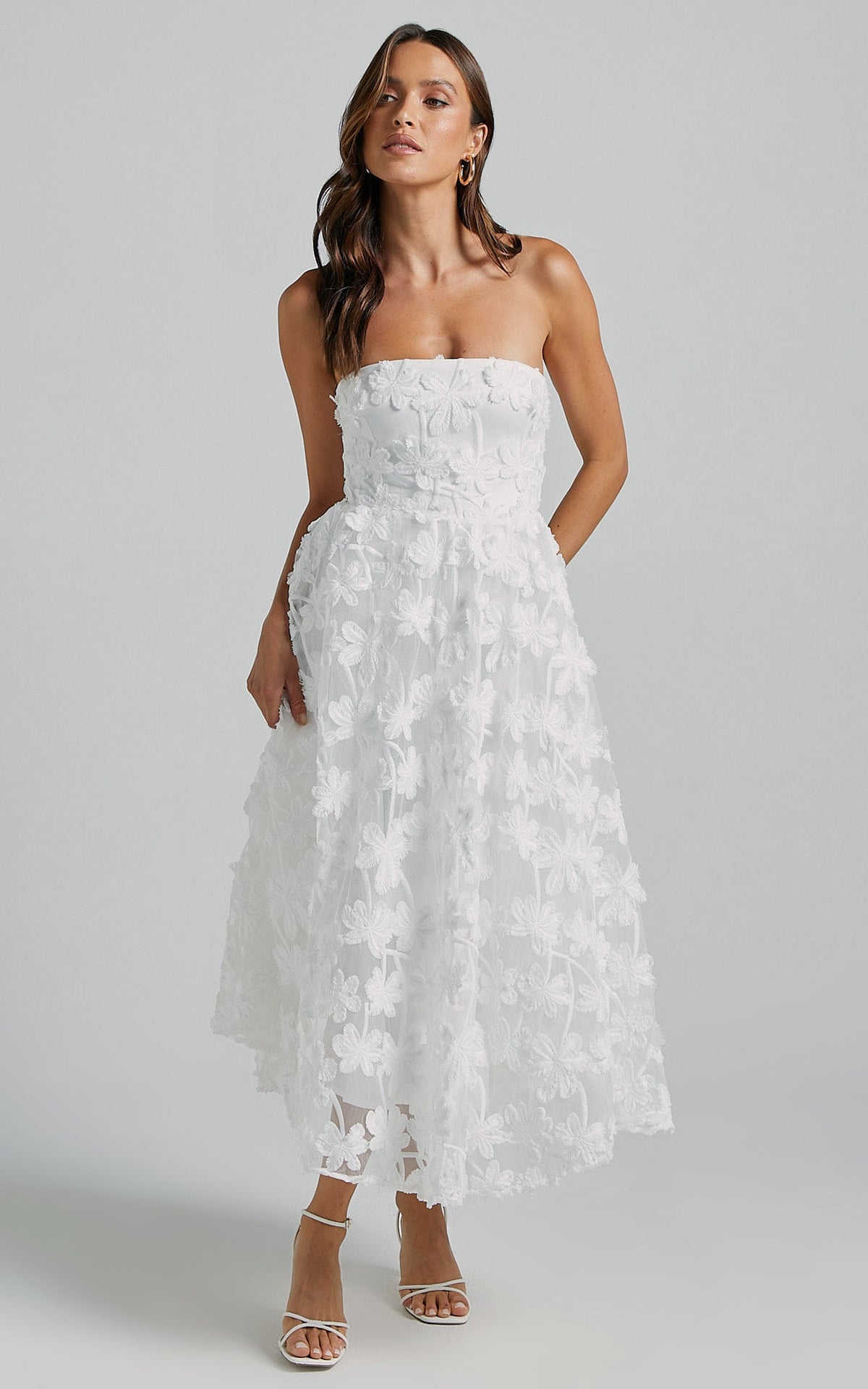 Strapless 3D Embroidery Midi Dress in White