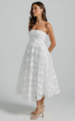 Strapless 3D Embroidery Midi Dress in White
