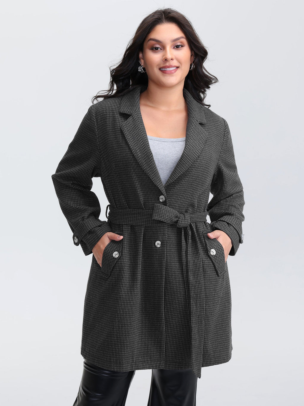 Houndstooth Button Detail Belted Coat