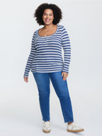 Striped Button Placket Fitted T-Shirt