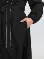 Button Front Belted Stitch Detail Midi Dress