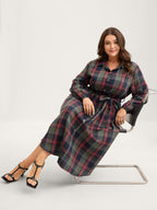 Plaid Button Detail Pocket Belted Arc Hem Dress