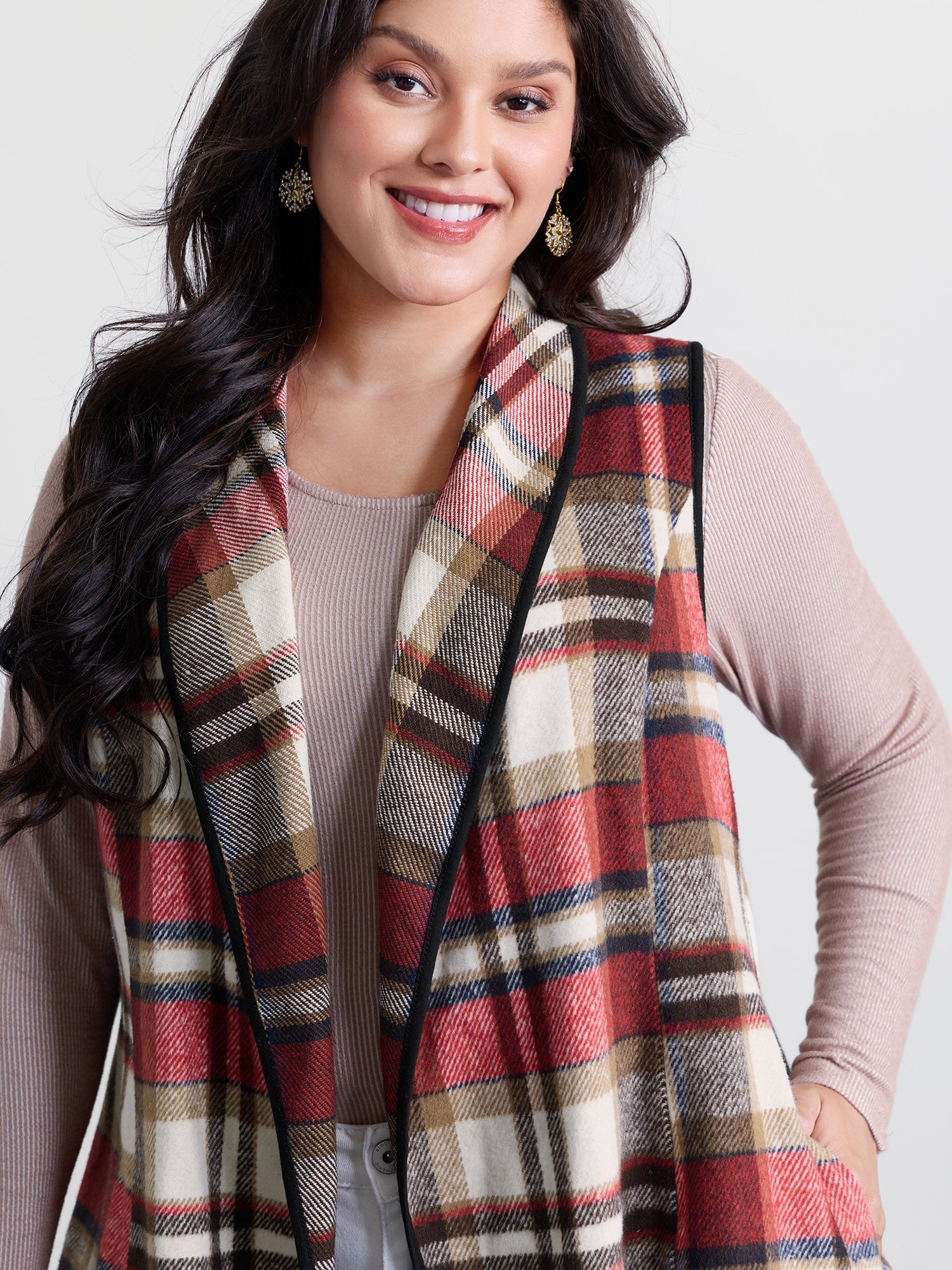 Plaid Curvy Hem Open-Front Vest