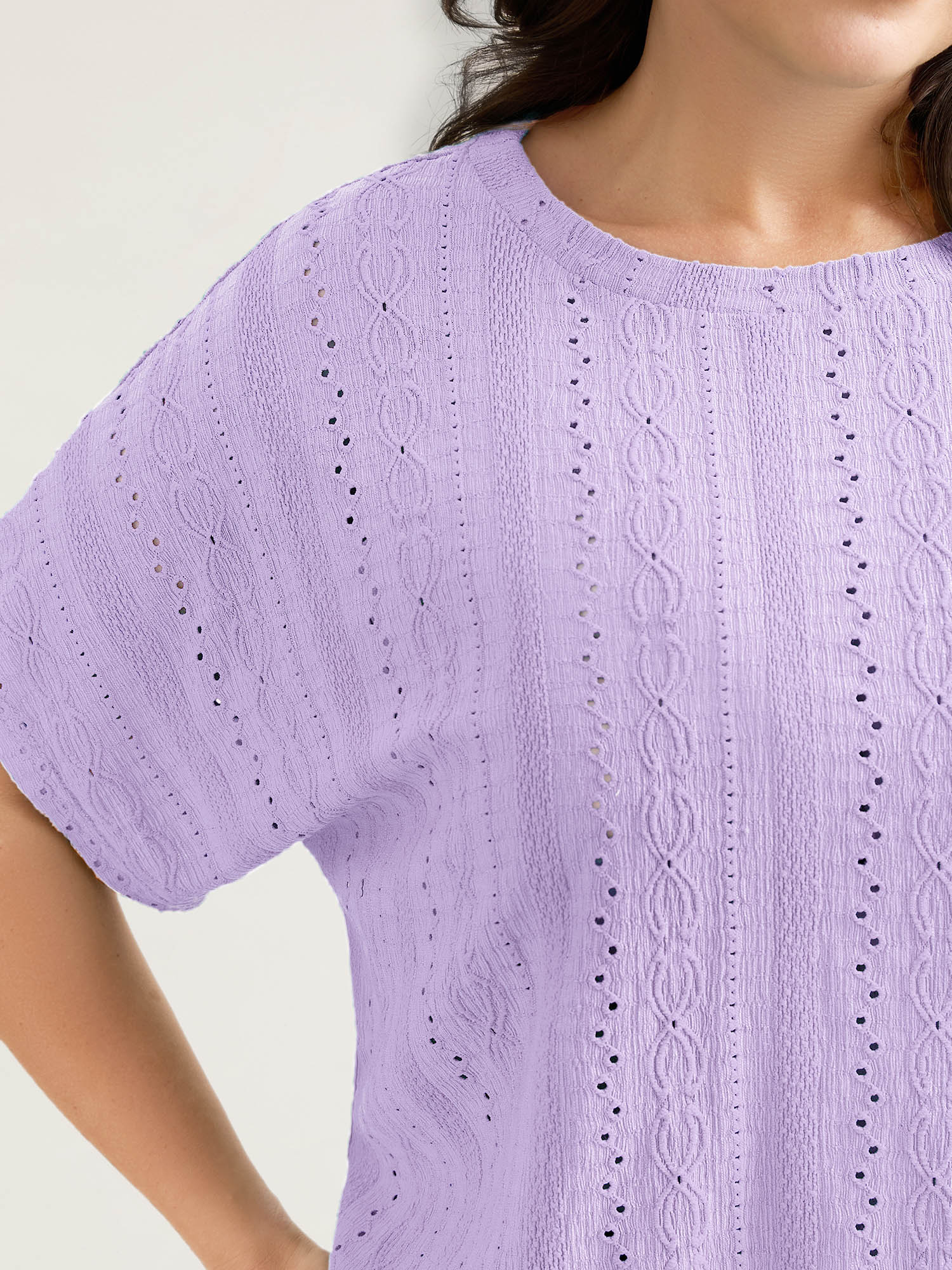 Eyelet Trim Stretchy Textured Plain Top