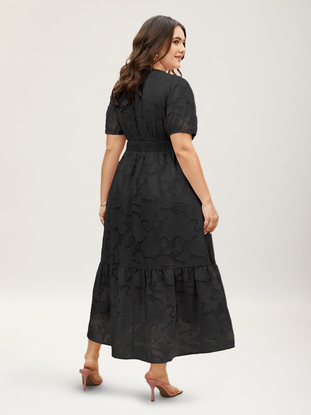 Solid Textured Lantern Sleeve Button Detail Dress