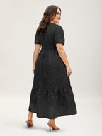 Solid Textured Lantern Sleeve Button Detail Dress