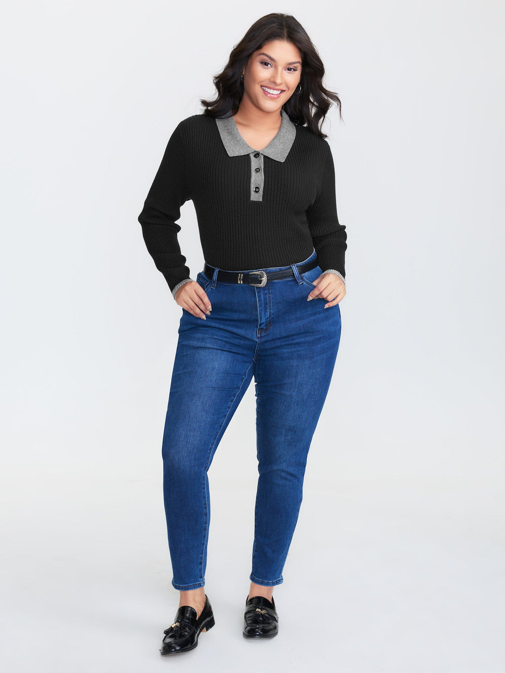 Polo Neck Contrast Metal Buttons Pullover