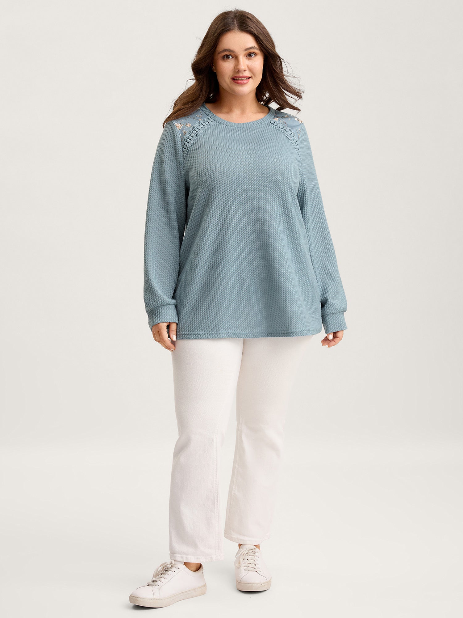 Waffle Spliced Floral Lace Sweatshirt