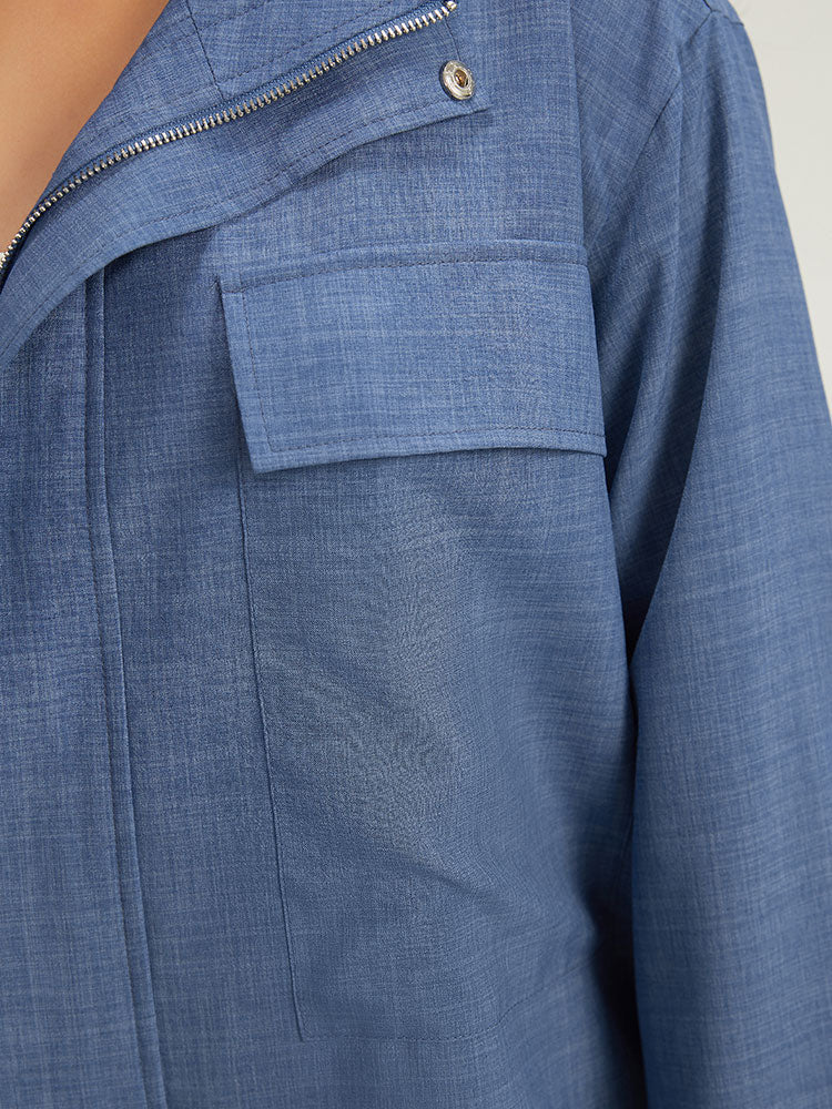 Plain Flap Pocket Zipper Lapel Collar Coat