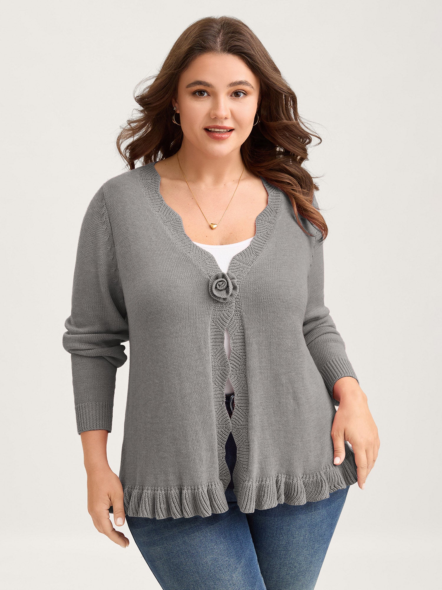 Supersoft Textured Floral Button Ruffled Hem Knit Cardigan