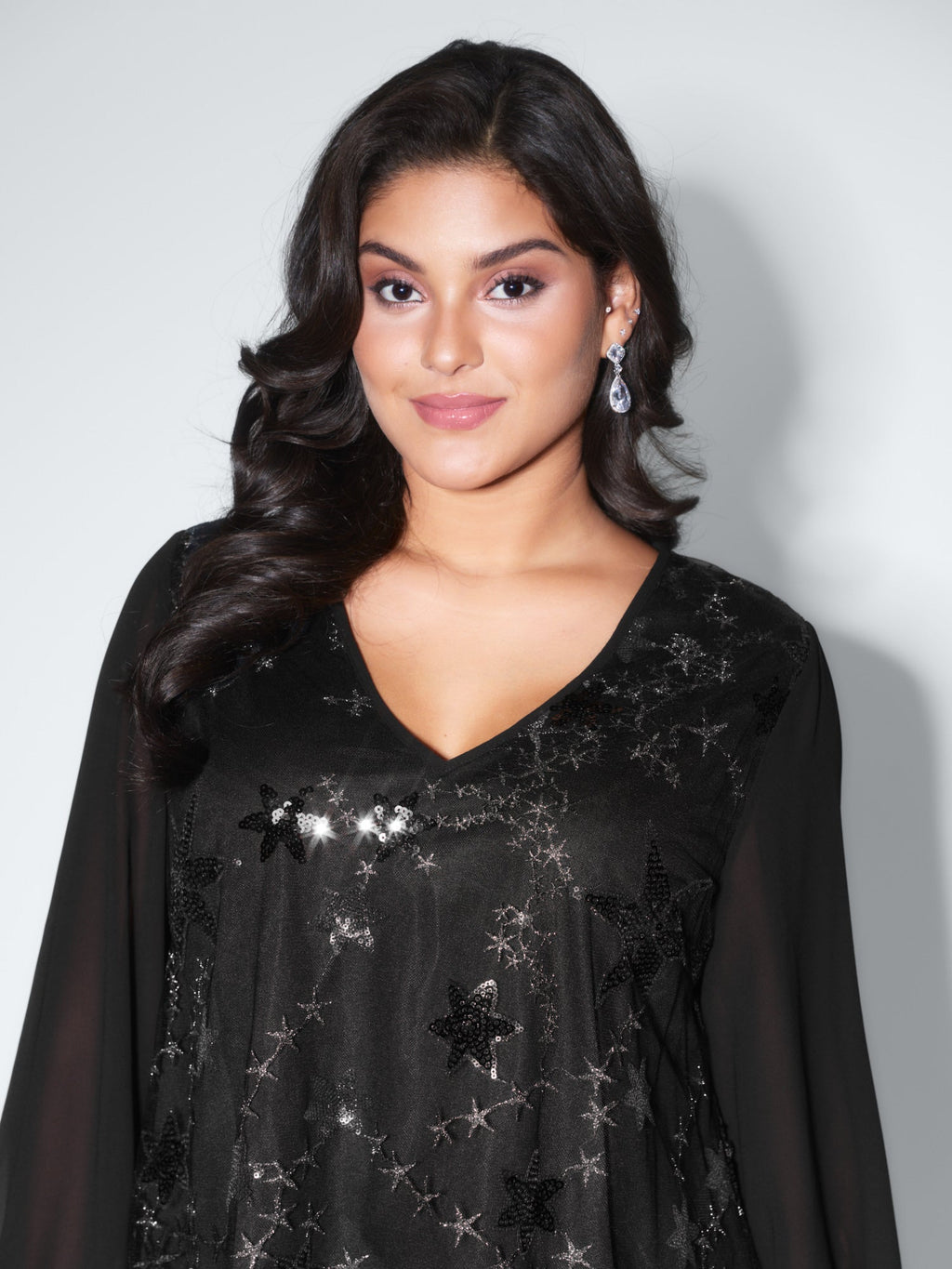 Shimmery Sequin Shirred Cuff Blouse