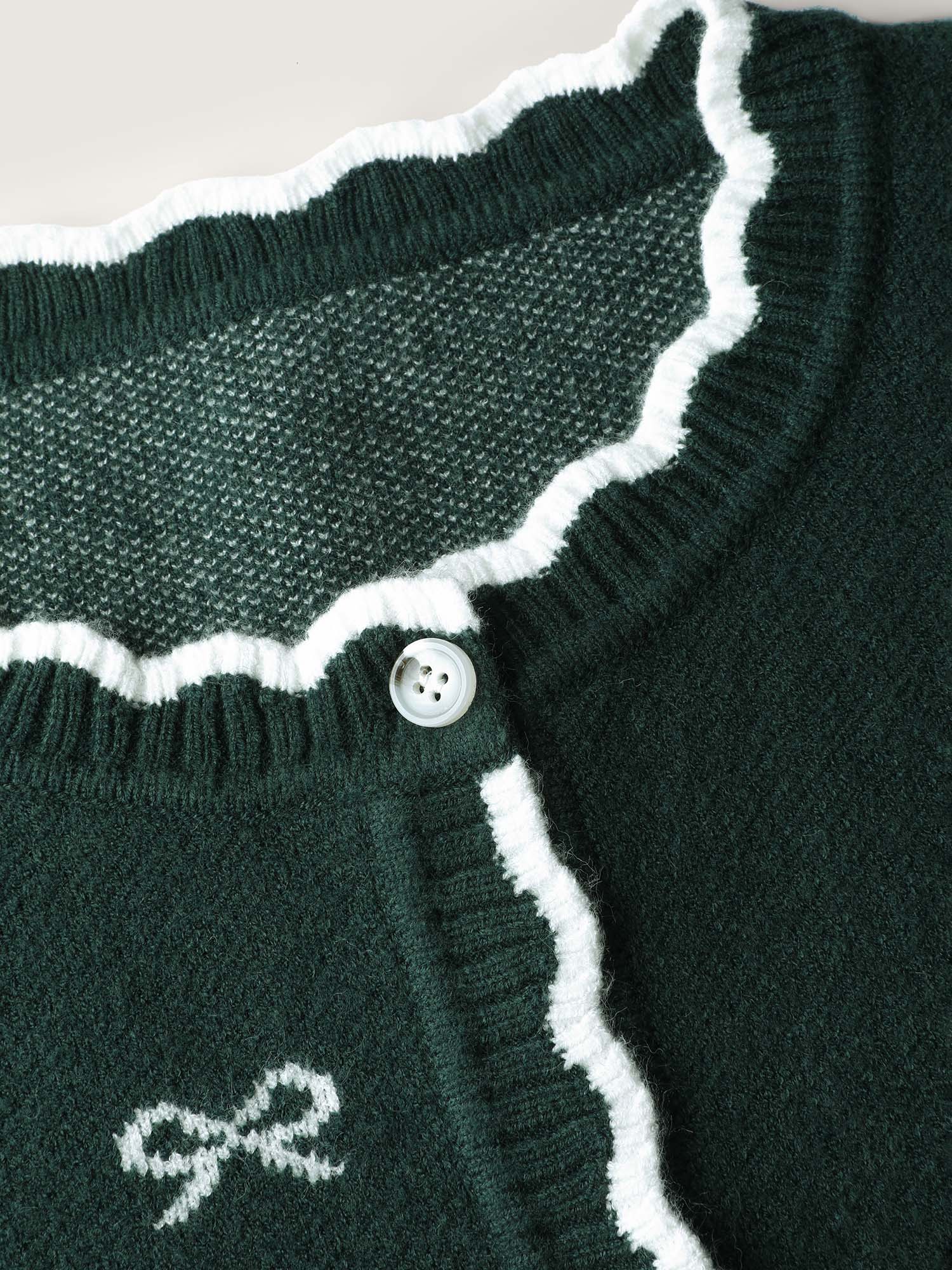 Bowknot Jacquard Wavy Edge Knit Cardigan