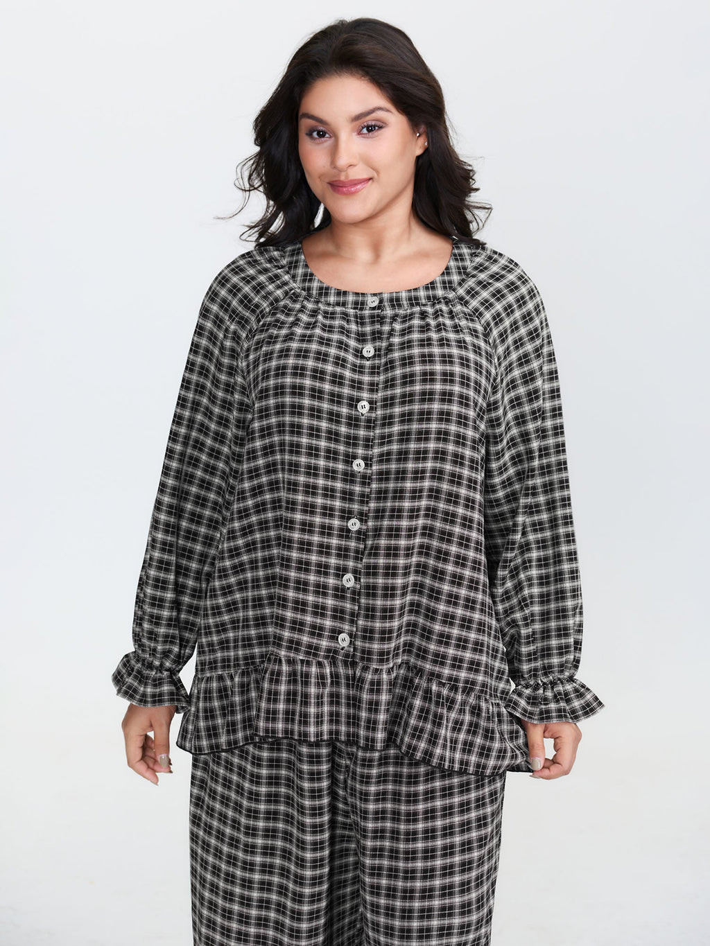 Gingham Ruffled Hem Loungewear Set
