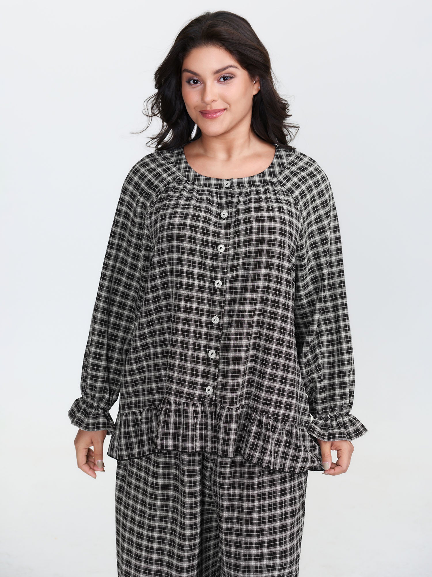 Gingham Ruffled Hem Loungewear Set