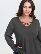Textured Stretchy Cut-Out Neckline T-Shirt
