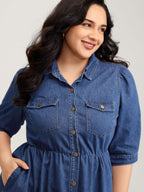 Denim Ruffled Hem Pockets Shirt Dress