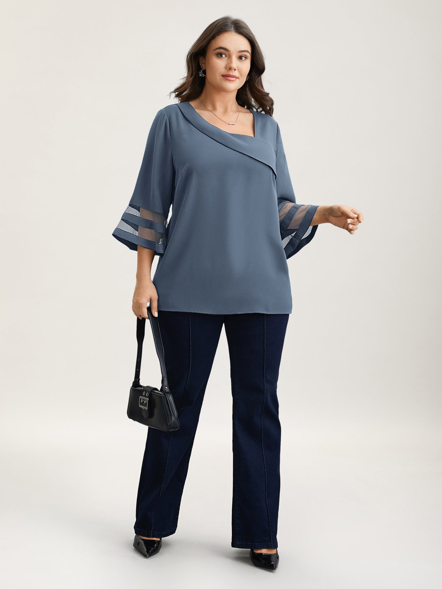 Sheer Sleeve Patchwork Asymmetrical Neckline Blouse