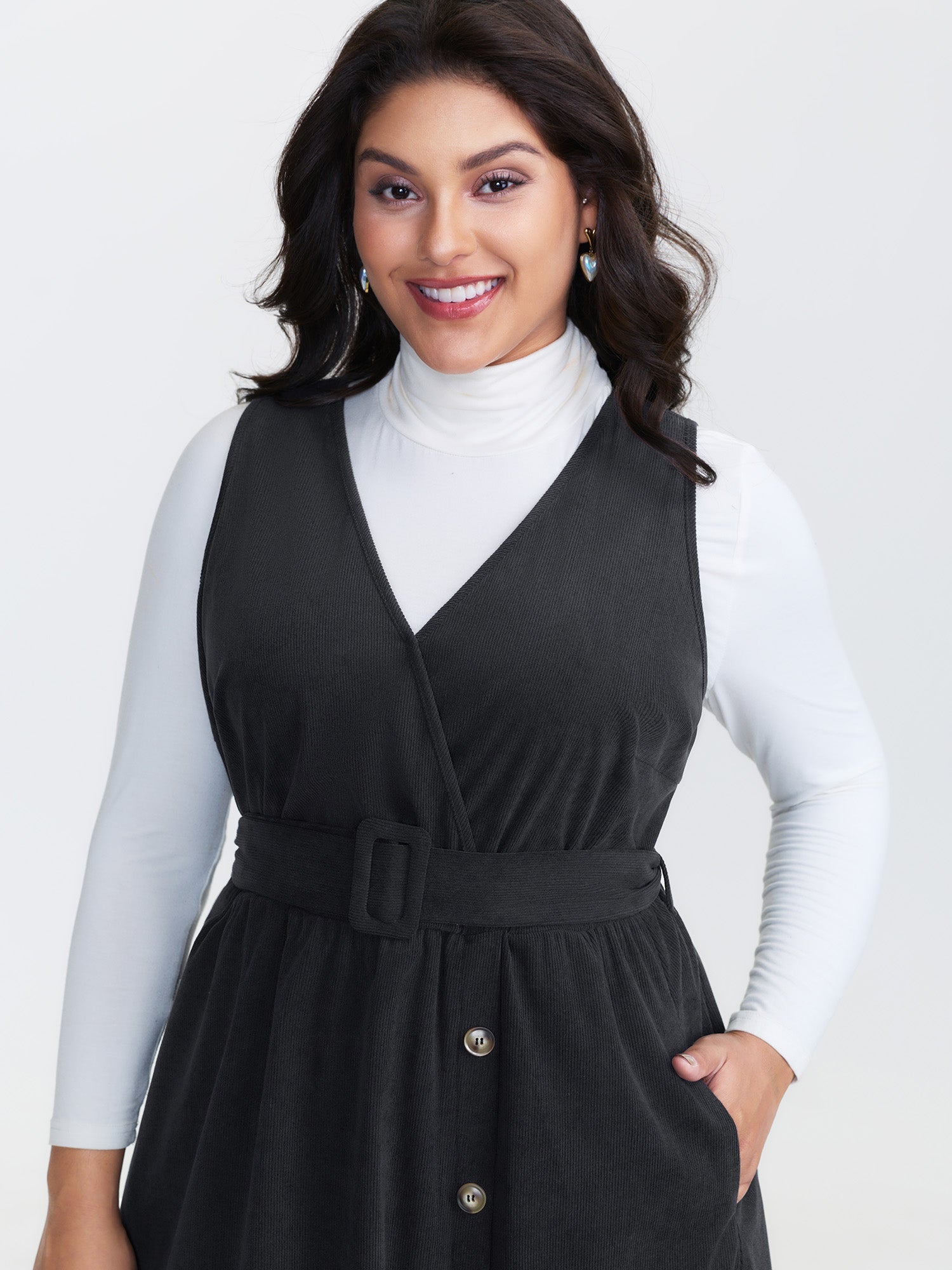 Corduroy Sleeveless Belted Side Midi Dress