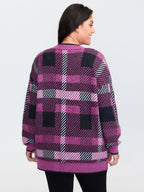Fuzzy Plaid Pattern Button Knit Cardigan