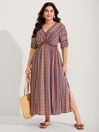 Striped Contrast Dolman Sleeve Shirred Pocket Split Flutter Dress