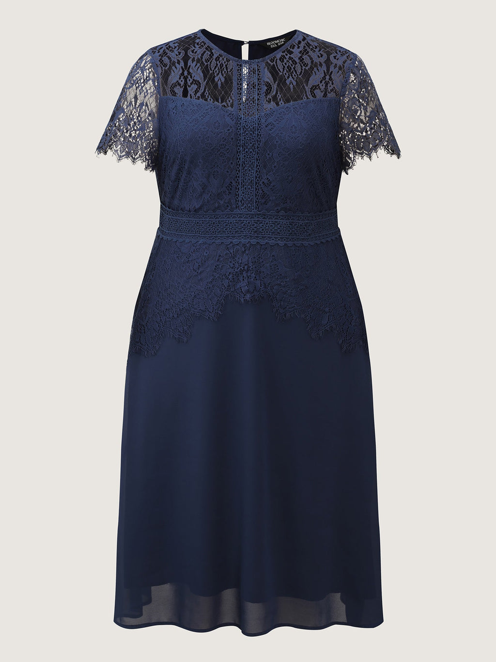 Sheer Lace Neckline Layered Pockets Midi Dress