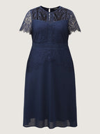 Sheer Lace Neckline Layered Pockets Midi Dress