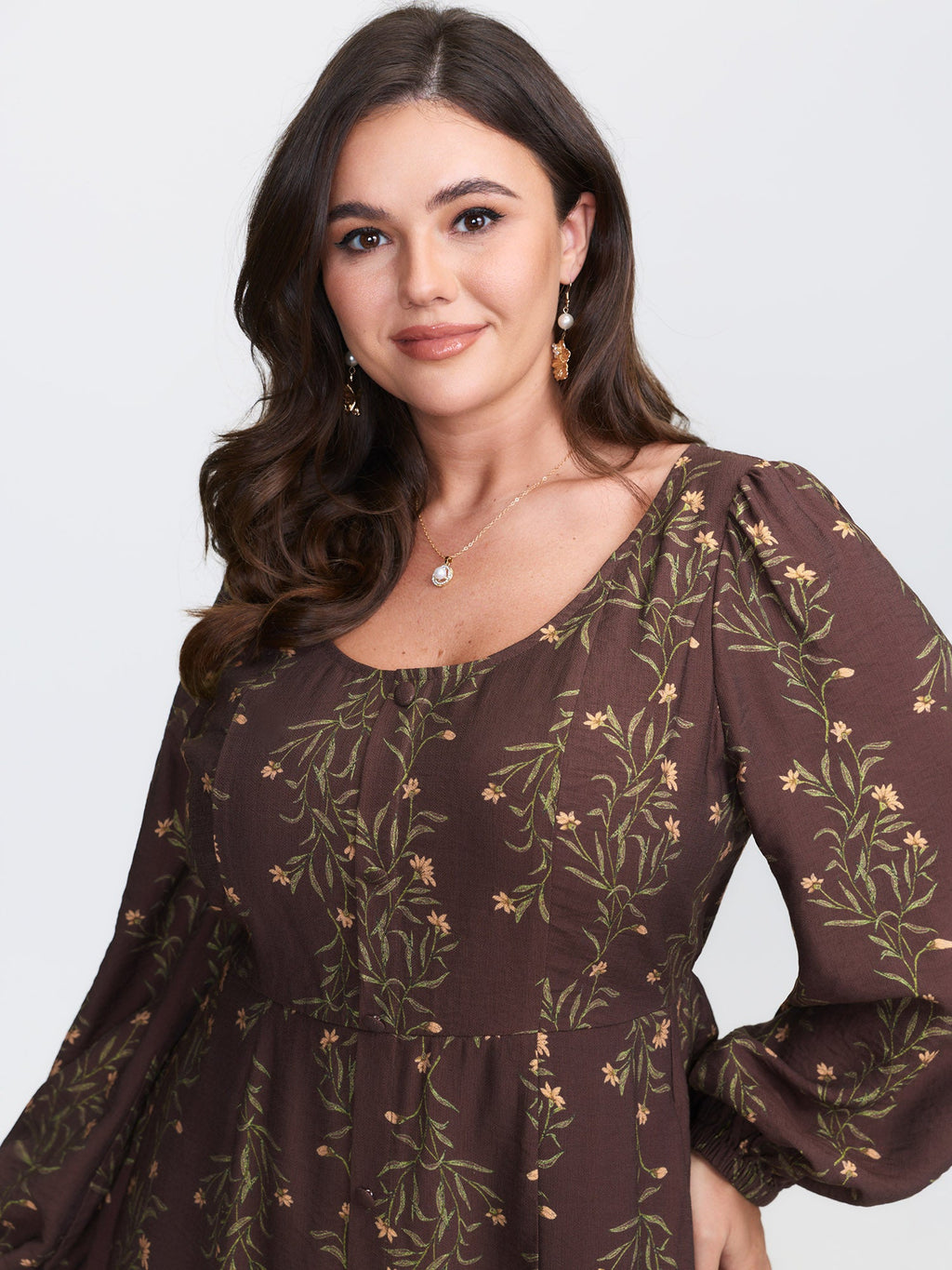 Floral Print Button Detail Round Neck Midi Dress