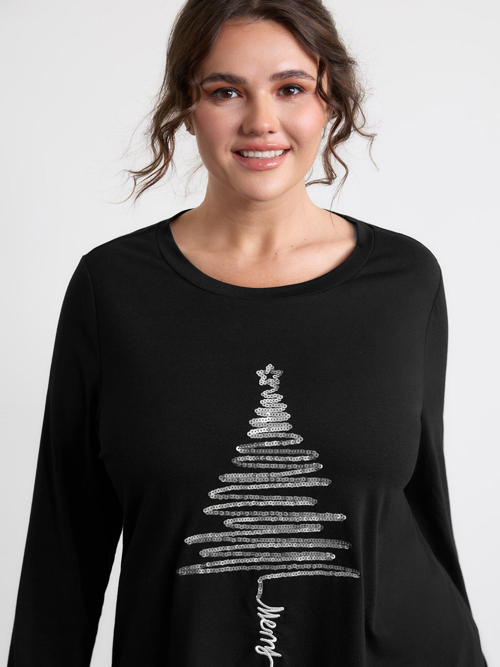 Sequin Cord Embroidered Tree Round Neck T-Shirt