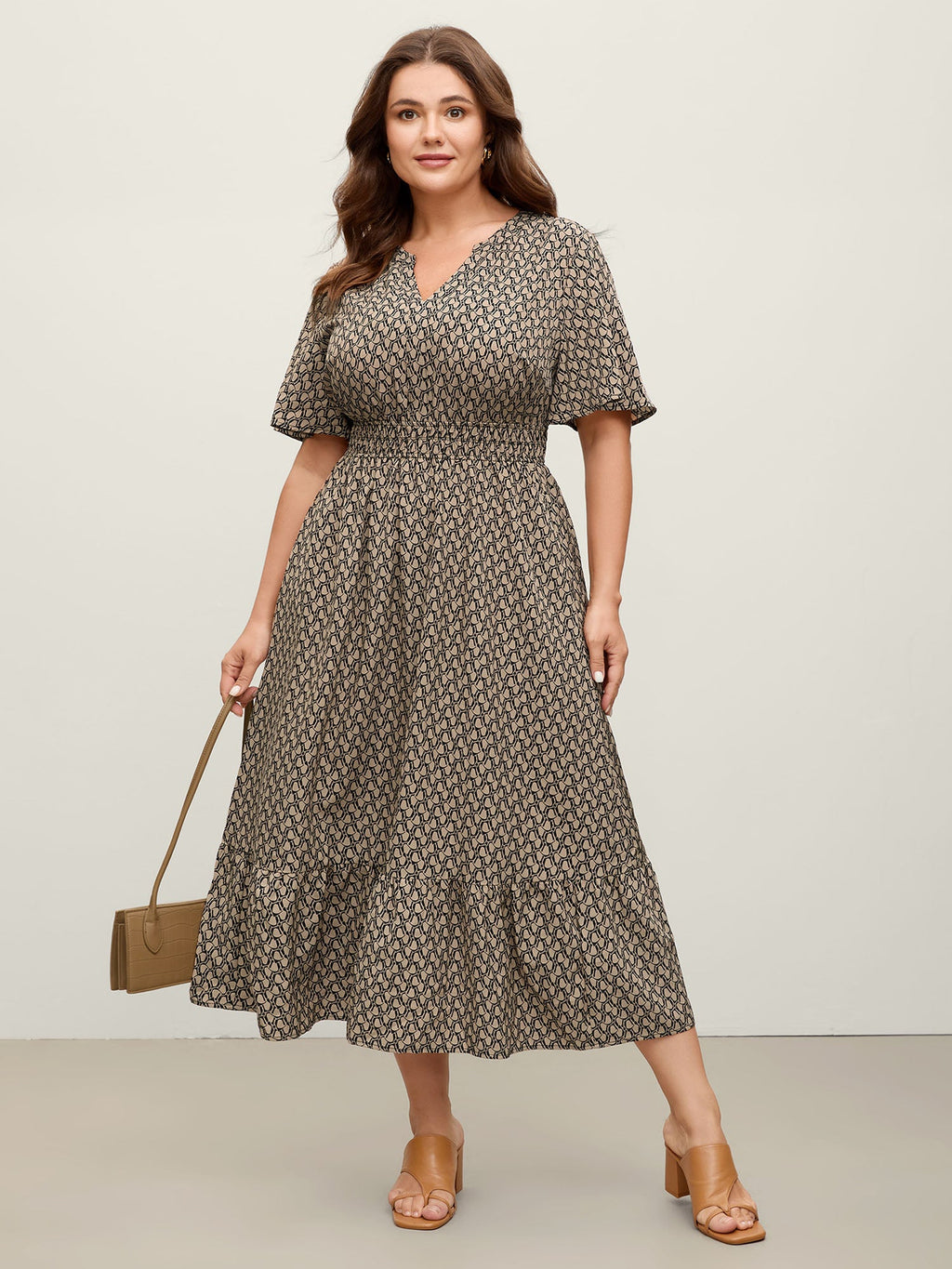 Geometric Print Waist-Cinched Tiered Midi Dress