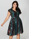 Shimmery Sequin Stripe Cinched-Waist Midi Dress