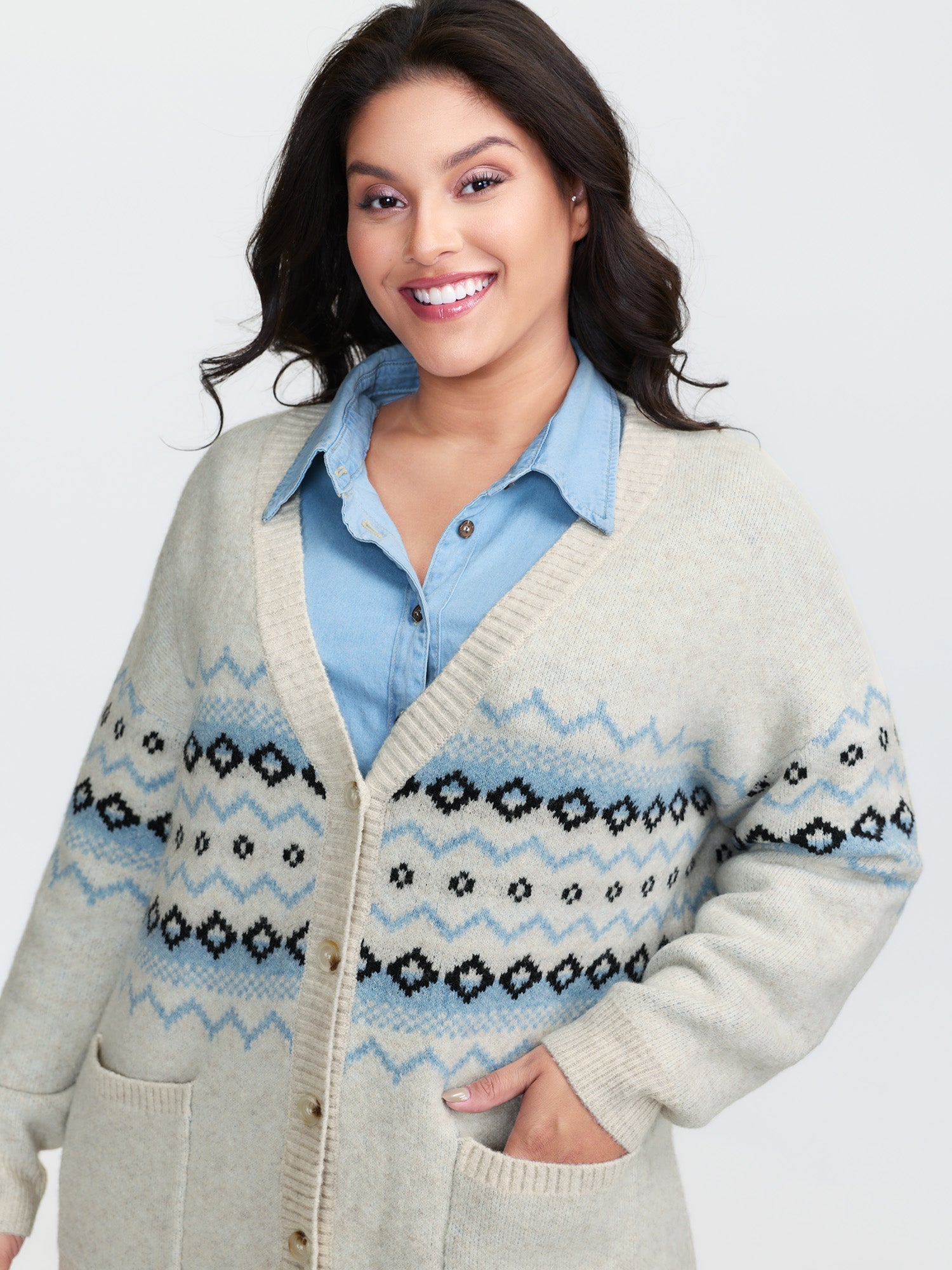V-Neck Geometric Pattern Button Front Cardigan