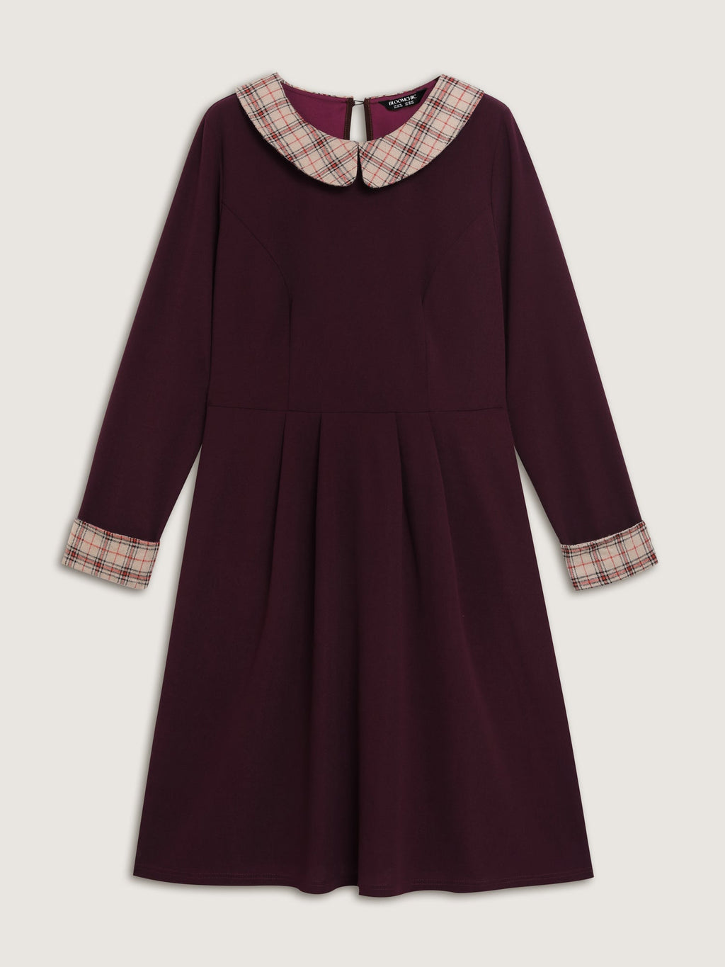 Plaid Collar Pleated Stretchy Waist Midi Dress