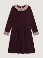 Plaid Collar Pleated Stretchy Waist Midi Dress