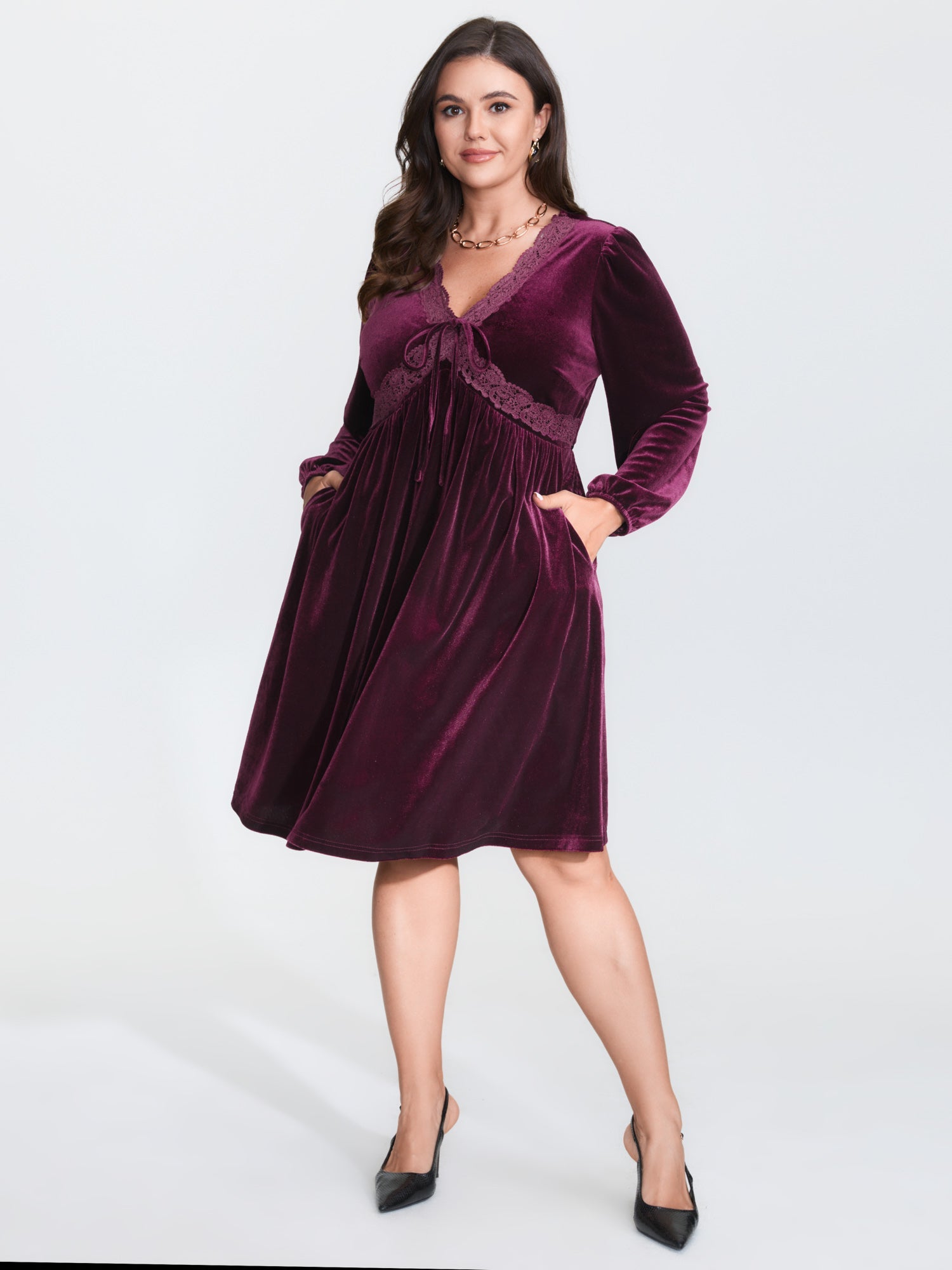 Velvet Lace Trim Stretchy Waist Midi Dress