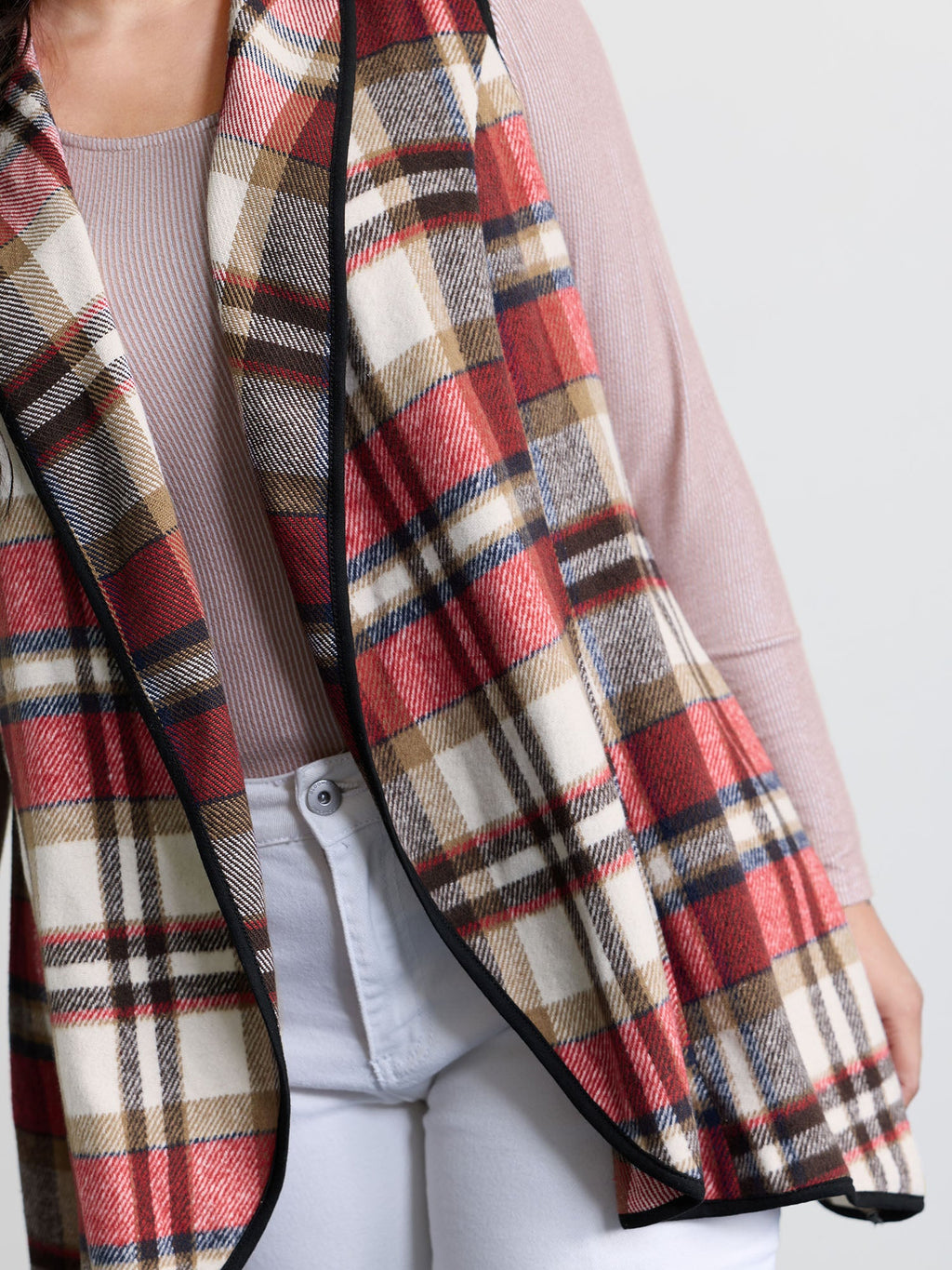 Plaid Curvy Hem Open-Front Vest