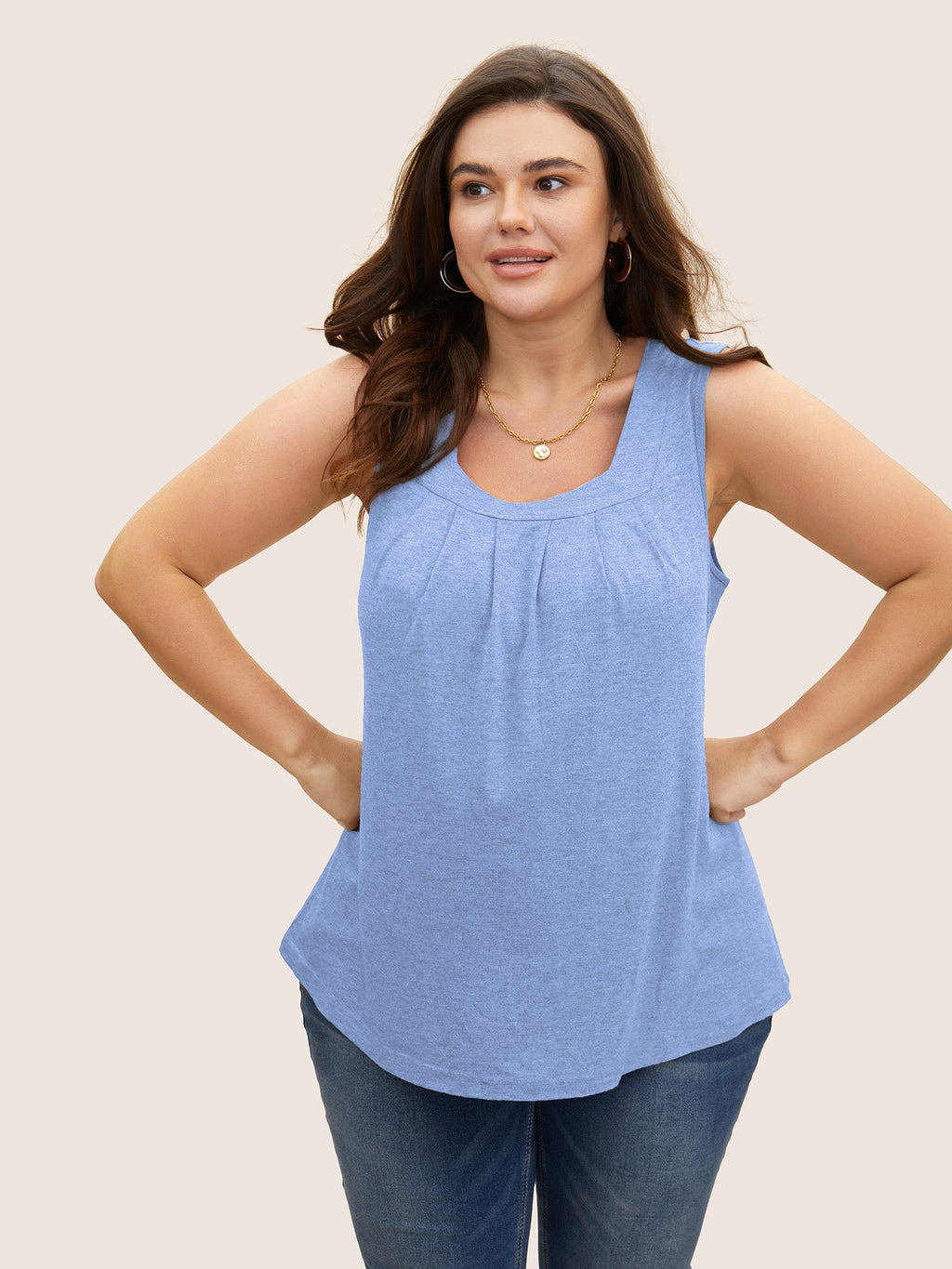 Heather Plicated Detail Square Neck Tank Top