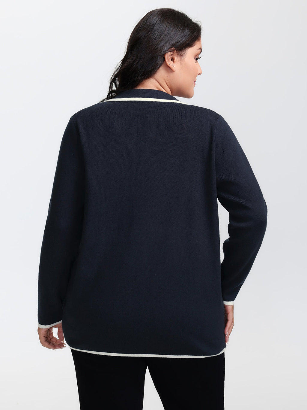 Blazer Collar Pockets Color Contrast Knit Cardigan