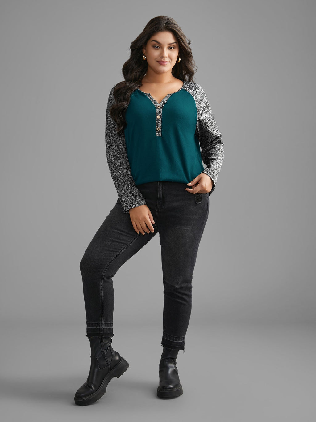 Heather Patchwork Button Detail Stretchy T-Shirt