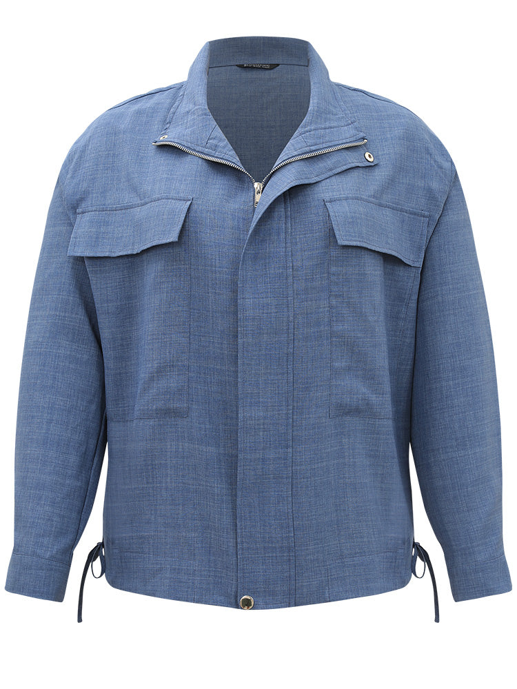 Plain Flap Pocket Zipper Lapel Collar Coat