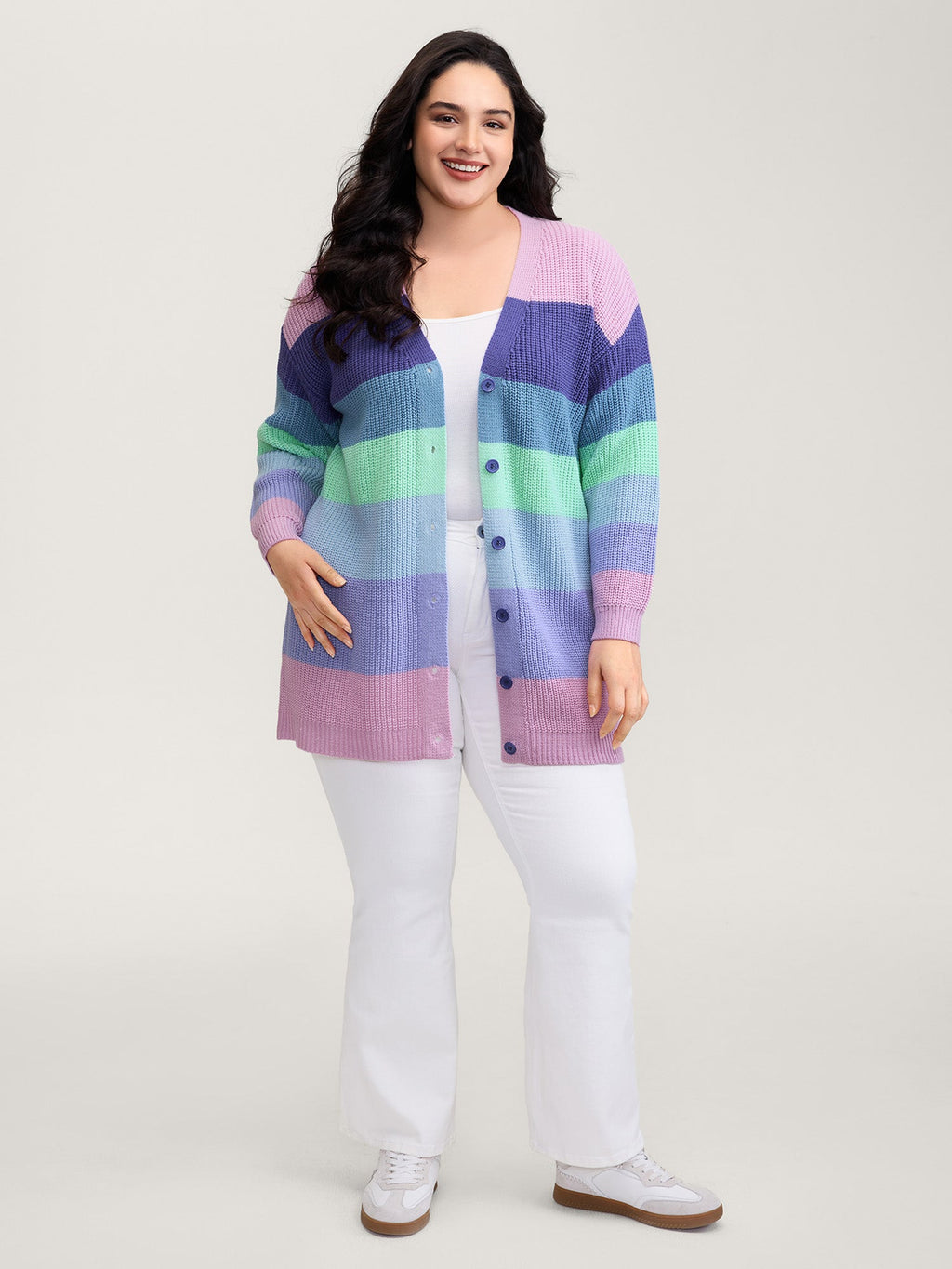 Colorblock Contrast Texture Button Cardigan